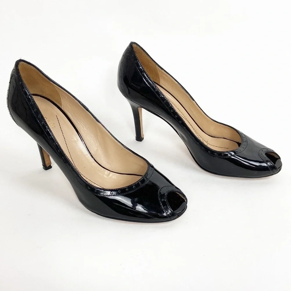 Kate Spade Giselle Oxford Patent Leather Peep Toe Perforated Trim Black Heels